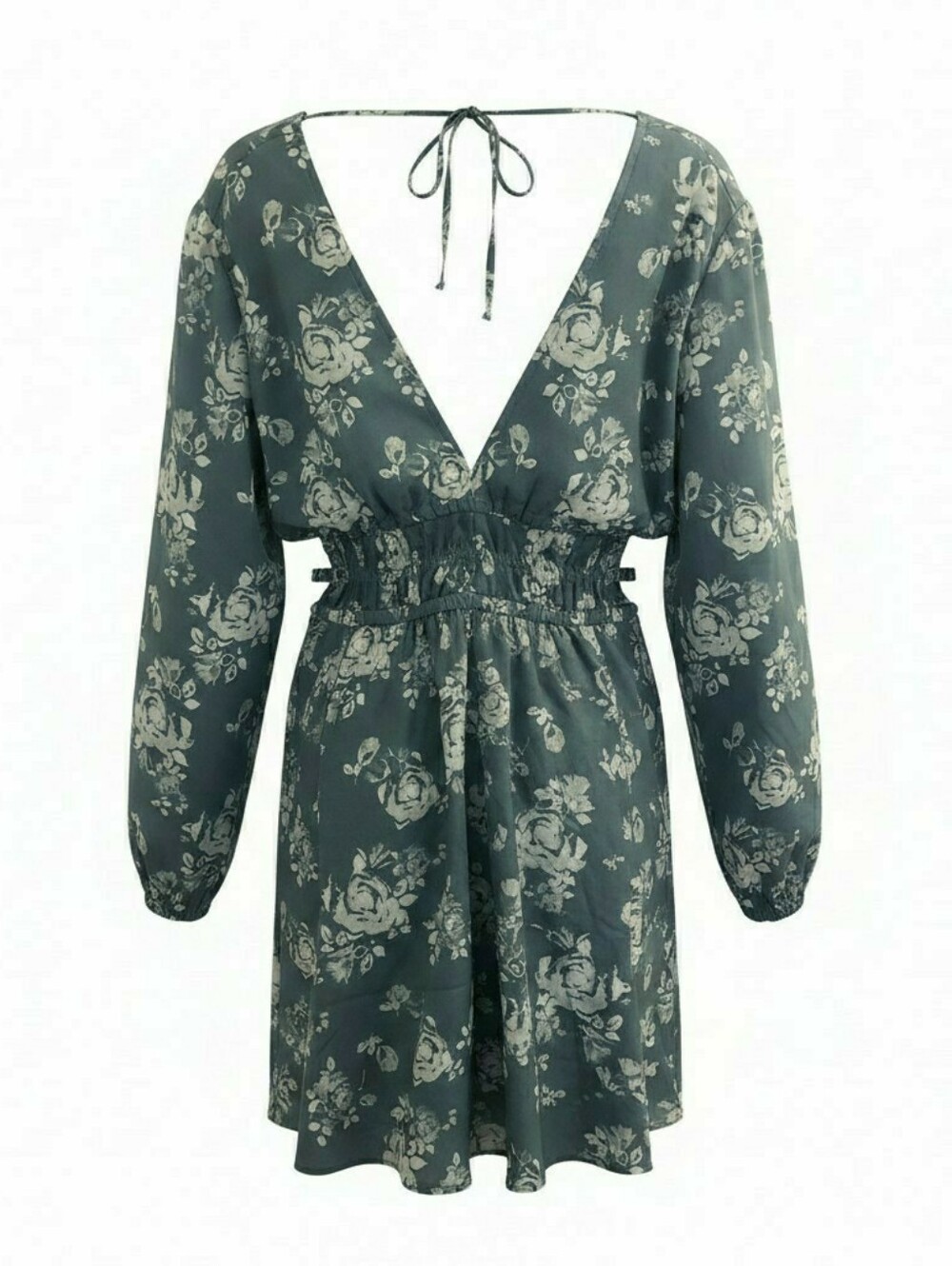 Floral Deep V-Neck Long Sleeve Mini Dress - Slate Green